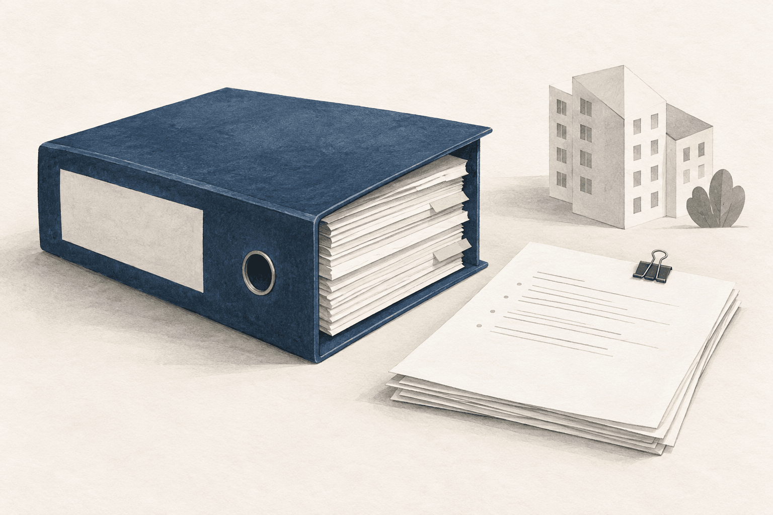 Illustration mit blauem Aktenordner, separaten Protokollblättern und einem Papierhaus.