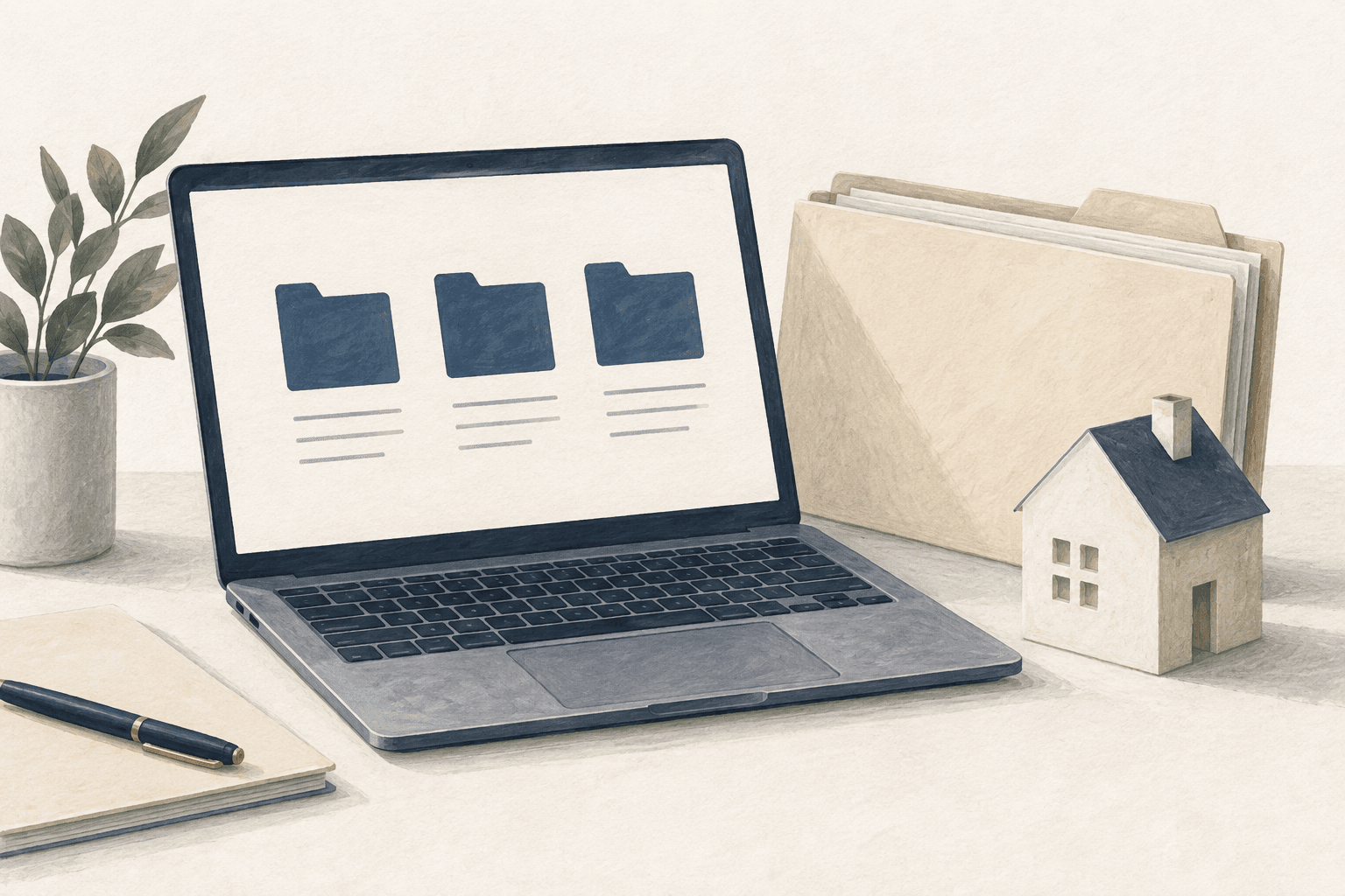 Illustration mit Laptop, digitalen Ordnern und Dokumentenmappe zur digitalen Objektakte.