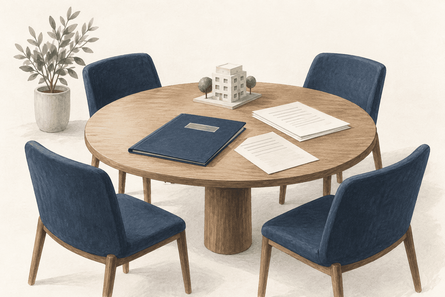 Illustration eines vorbereiteten Besprechungstisches mit Unterlagen für eine Eigentümerversammlung.