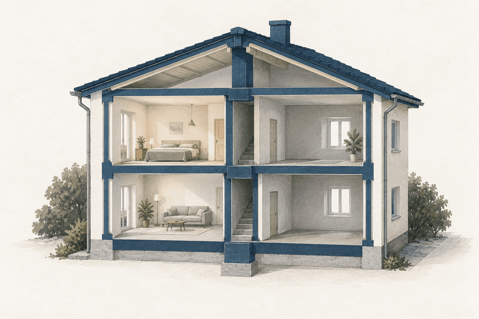Illustration eines aufgeschnittenen Hausmodells mit gemeinsamer Gebäudestruktur und einzelnen Wohnräumen.