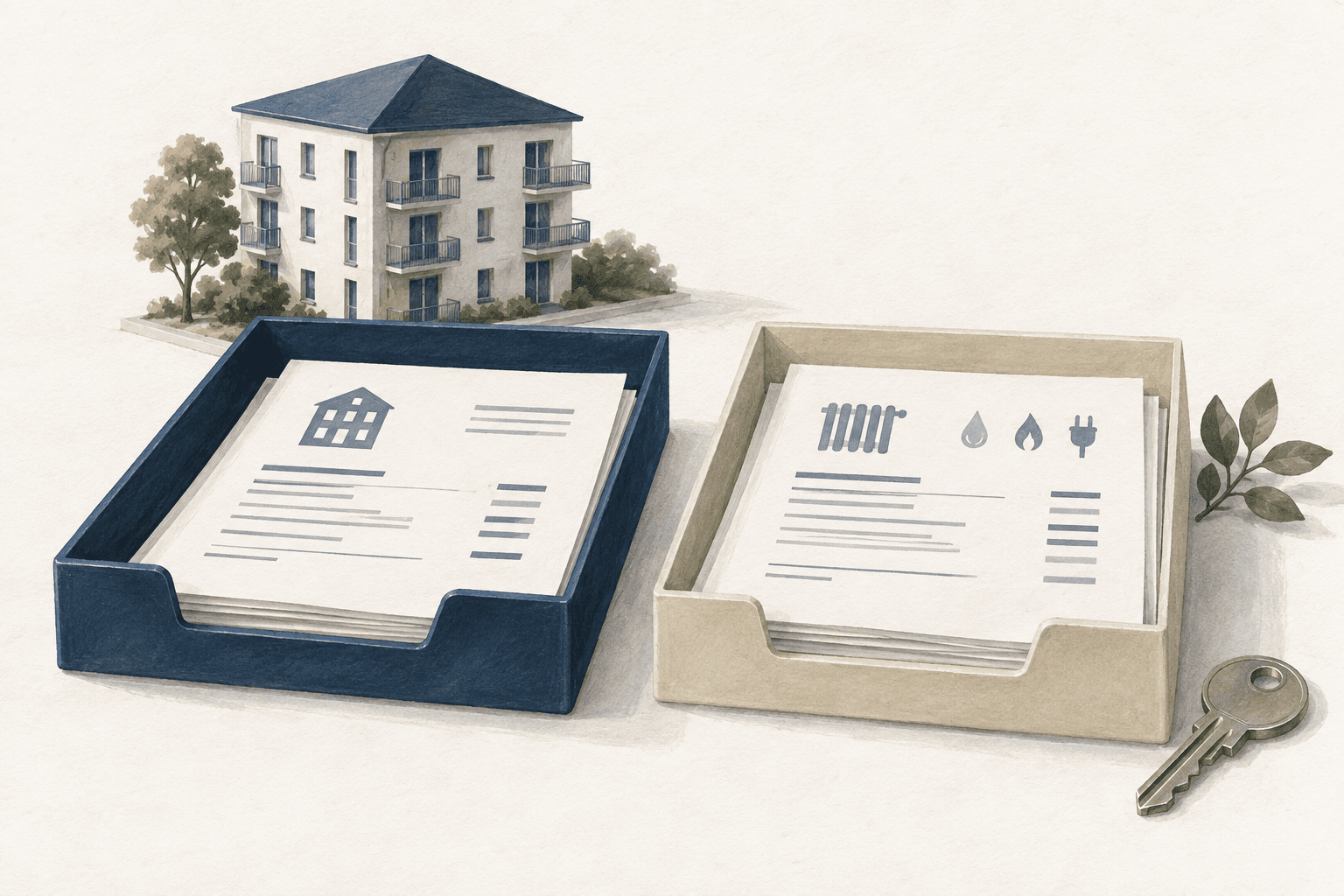 Illustration mit getrennten Belegablagen, Hausmodell und Wohnungsschlüssel für Hausgeld und Betriebskosten.
