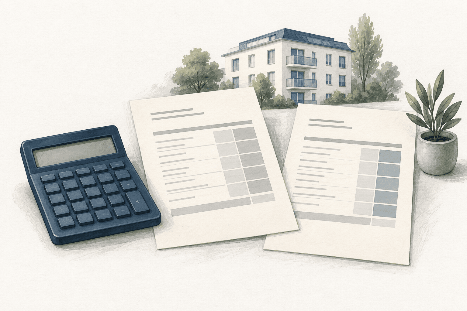Illustration mit Taschenrechner und zwei Angebotsblättern zum Vergleich von Verwaltungskosten.