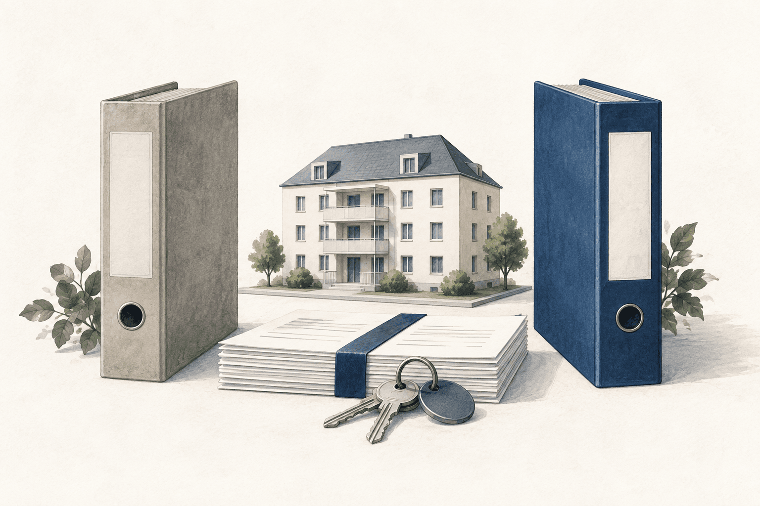 Illustration mit zwei Aktenmappen, Unterlagen und einem Schlüsselbund für den geordneten Wechsel der Hausverwaltung.