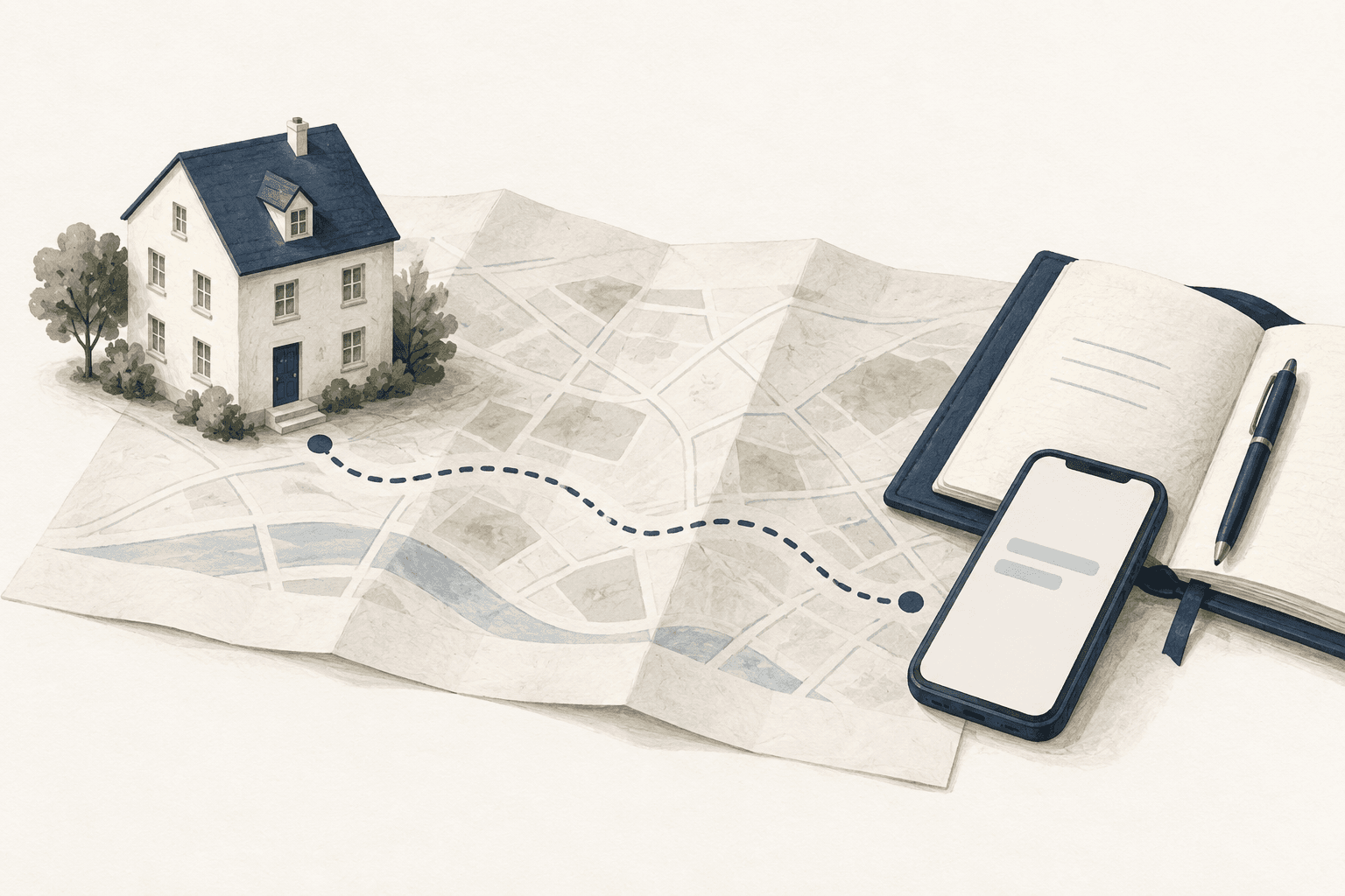 Illustration mit Hausmodell, Karte und Telefon zur Betreuung einer Immobilie aus der Ferne.