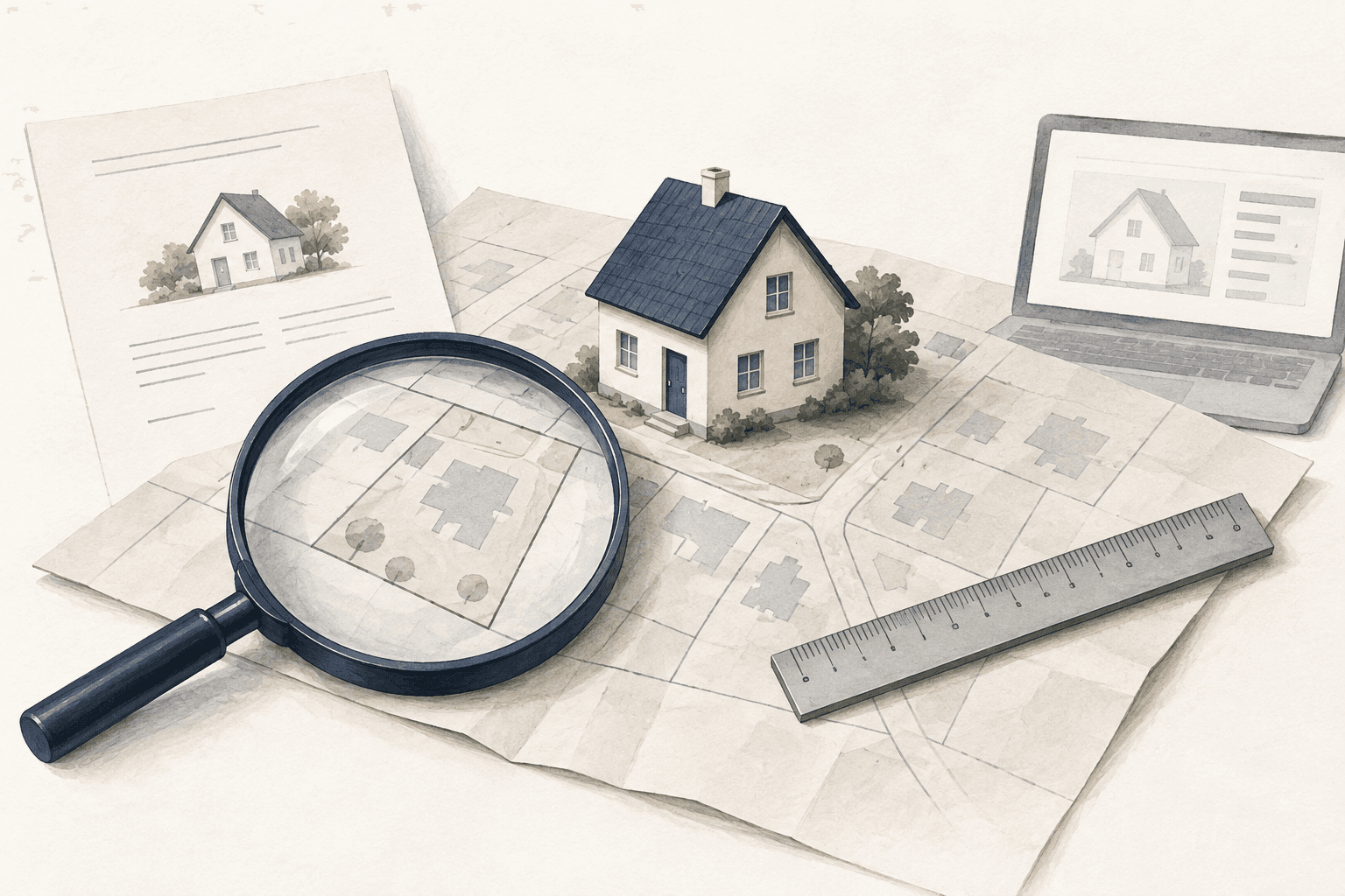 Illustration mit Hausmodell, Flurkarte und Lupe für eine objektbezogene Immobilienbewertung.