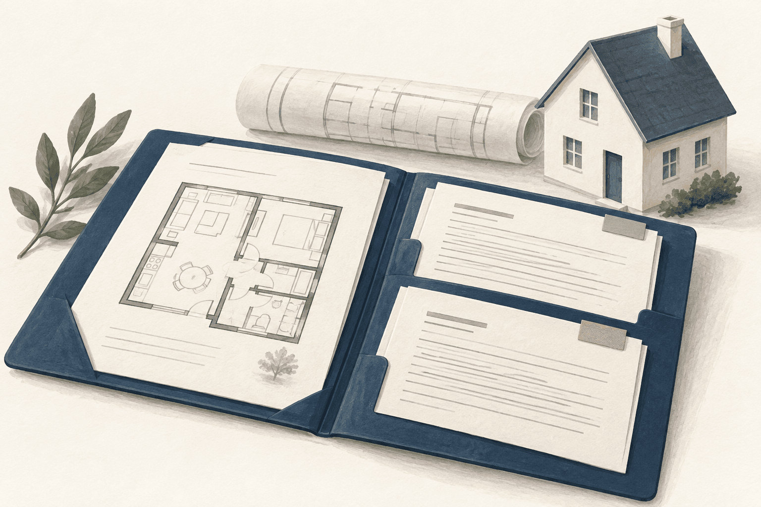 Illustration mit Verkaufsmappe, Grundriss und Hausmodell für die Unterlagen zum Immobilienverkauf.