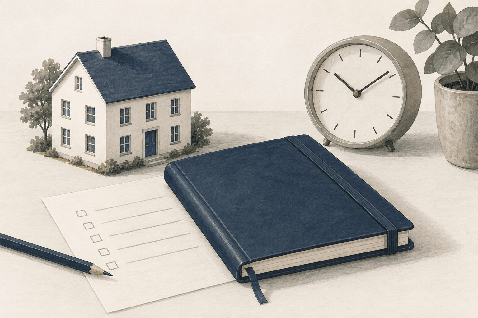 Illustration mit Hausmodell, Terminplaner und Uhr zur Organisation der eigenen Mietverwaltung.