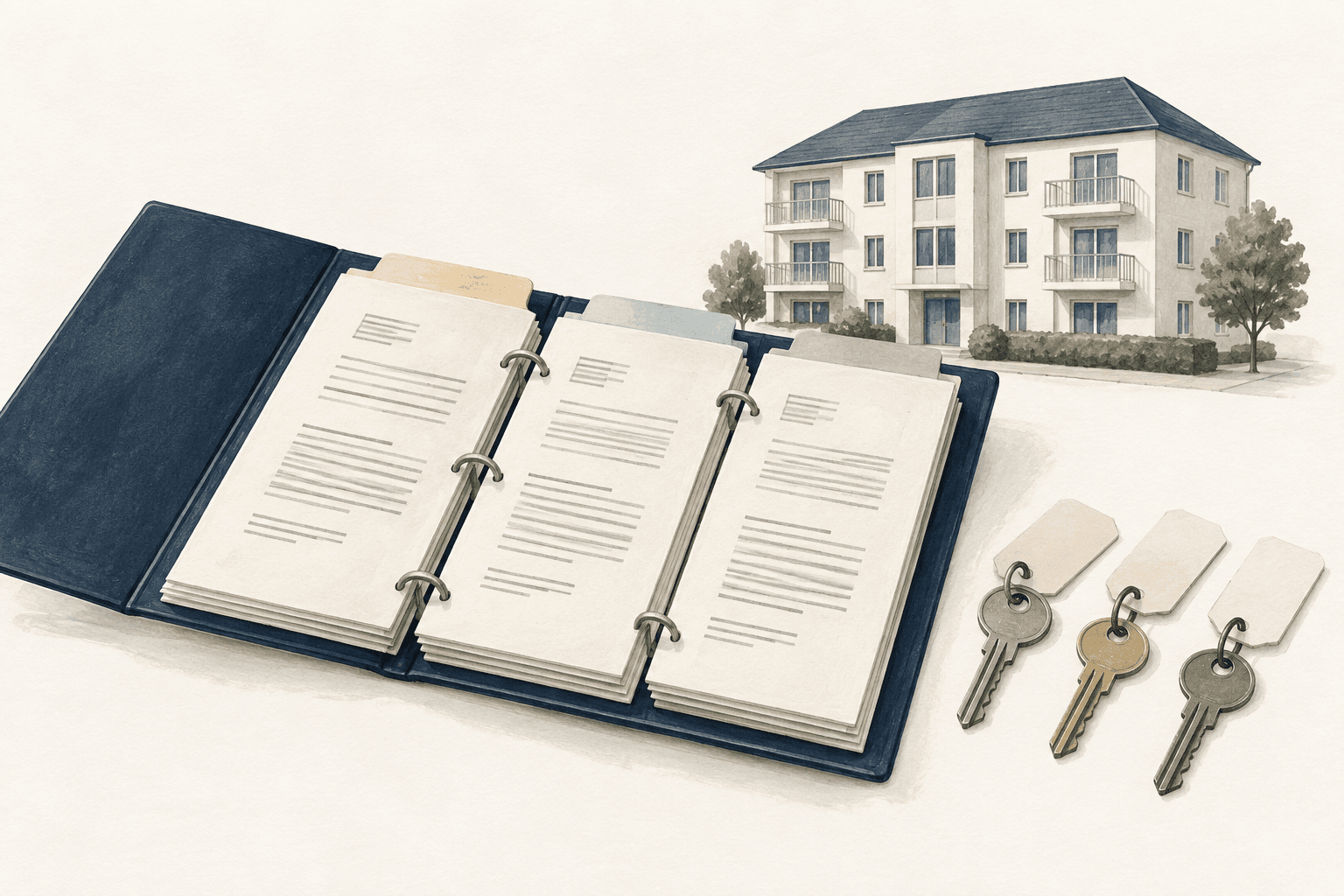 Illustration mit gegliederter Bestandsmappe und zugeordneten Wohnungsschlüsseln für die Übernahme einer Mietverwaltung.