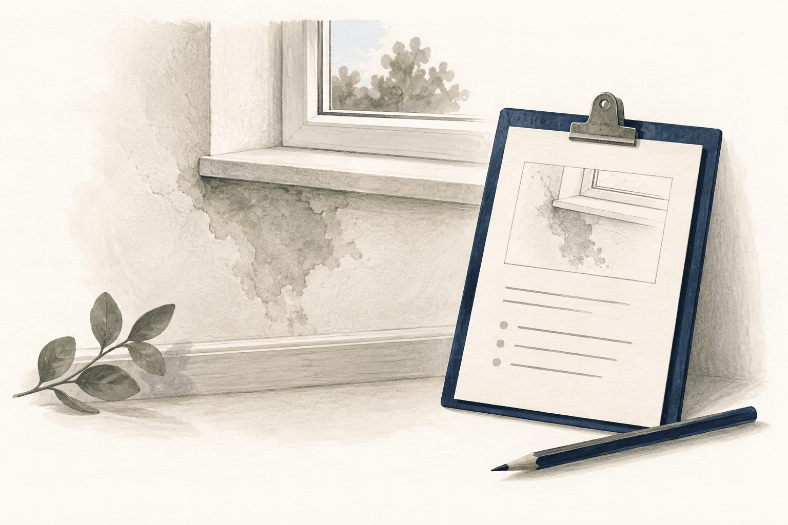 Illustration einer Feuchtigkeitsstelle am Fenster mit zugehöriger Notiz zur Dokumentation eines Mangels.