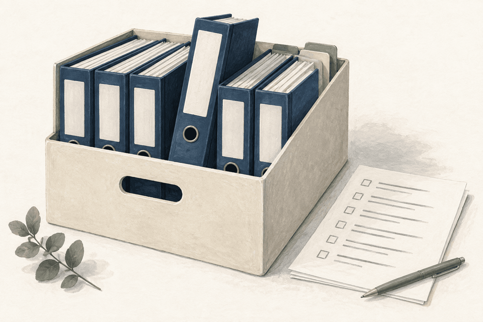 Illustration mit Archivbox, geordneten Unterlagen und Checkliste für die Verwaltungsübergabe.