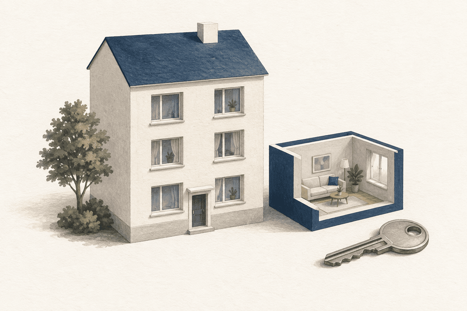 Illustration eines Mehrfamilienhauses und einer einzelnen Wohnungseinheit zur Unterscheidung der Verwaltungsarten.