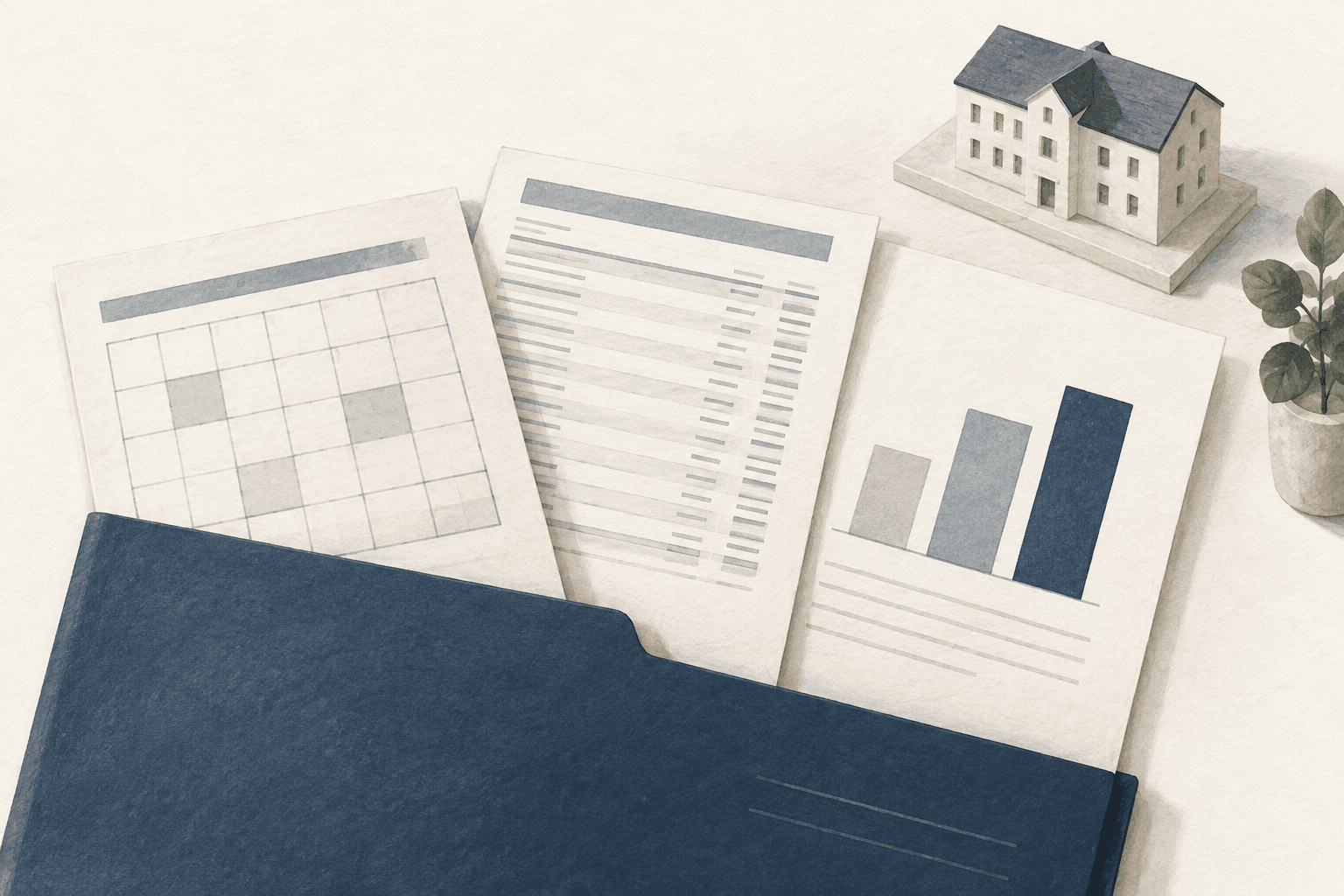 Illustration mit drei unterschiedlichen Finanzunterlagen für Wirtschaftsplan, Jahresabrechnung und Vermögensbericht.