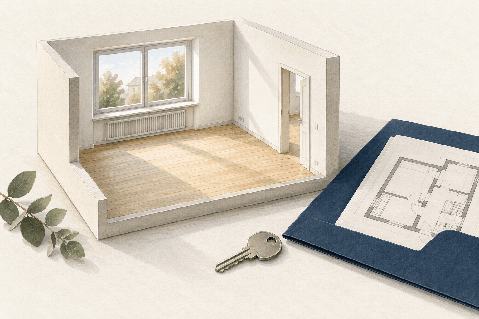 Illustration eines hellen Wohnraummodells mit Grundriss und Schlüssel zur Vorbereitung einer Vermietung.