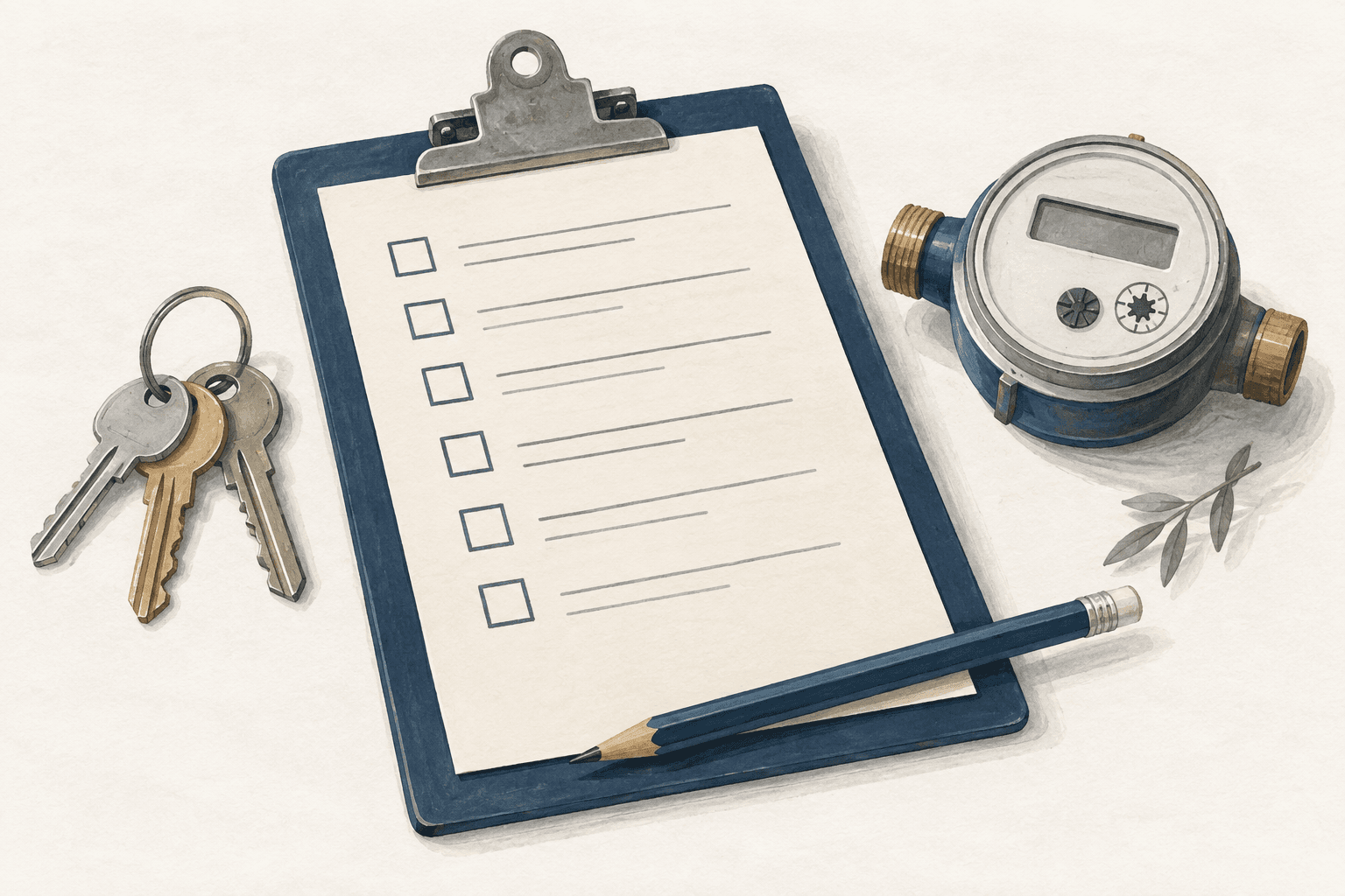 Illustration mit Übergabecheckliste, Schlüsseln und Wasserzähler für die Wohnungsübergabe.
