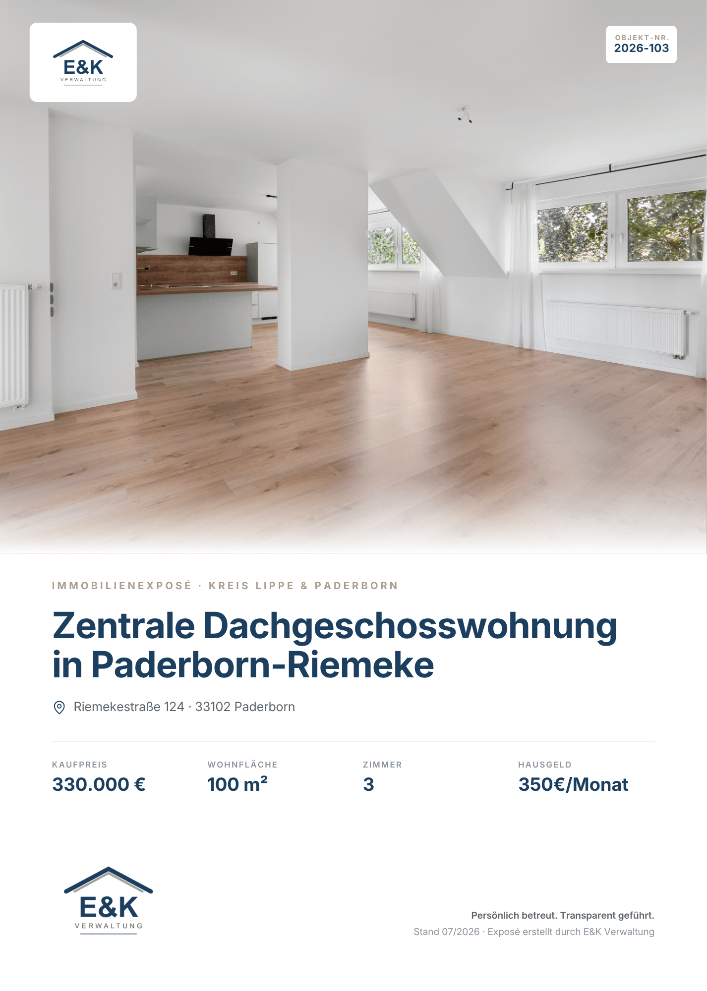 Titelseite eines von E&K Verwaltung gestalteten Immobilienexposés