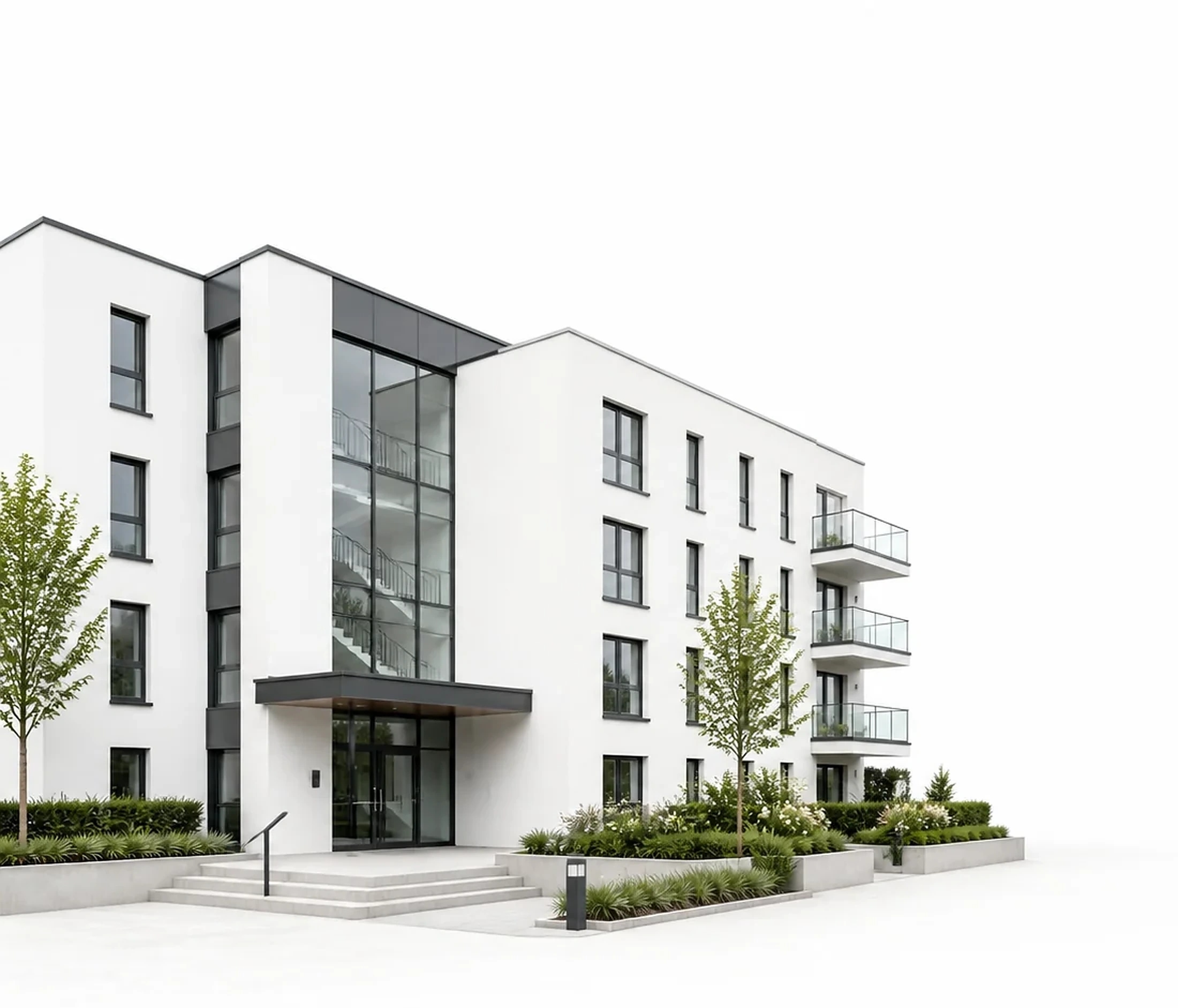 Illustration eines Mehrfamilienhauses mit gepflegtem Eingangsbereich zur Immobilienbetreuung